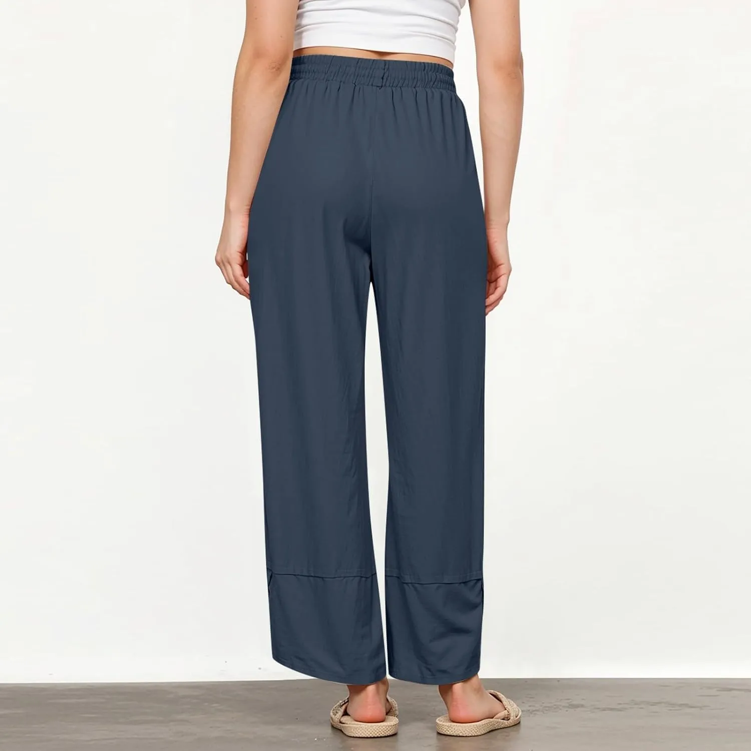 Women's Pants Fashion Baggy Pants Petite Summer Straight Leg Elastic Waist Trousers with Pockets