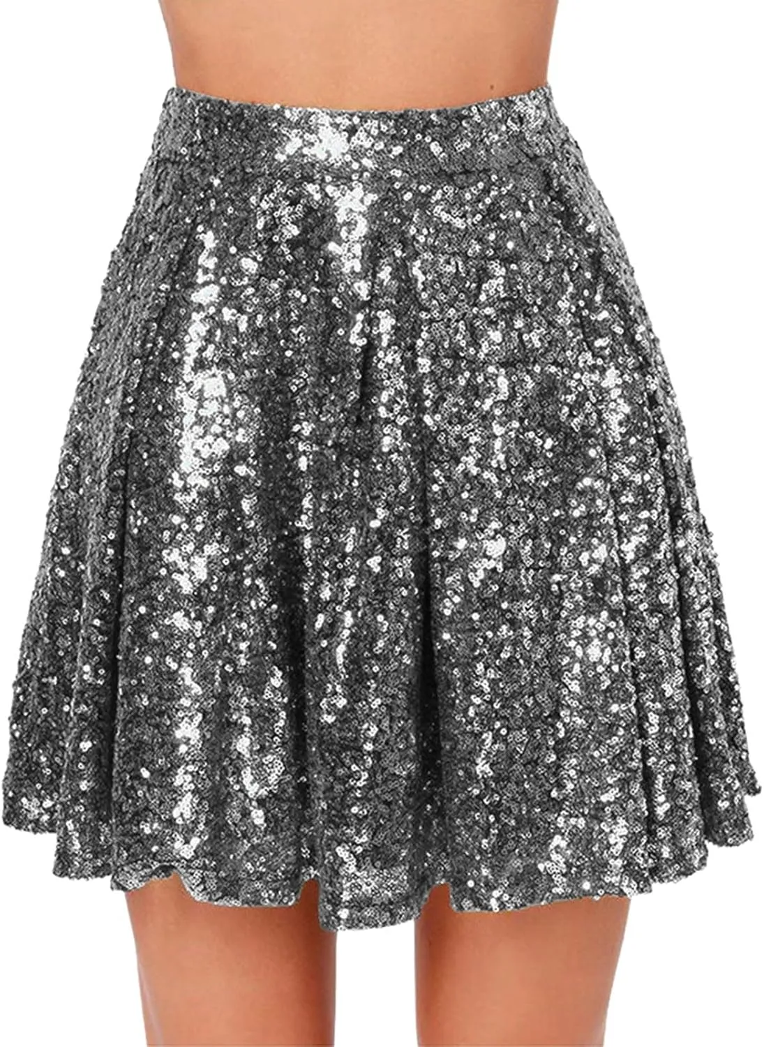 Women's Sequin Mini Skirt Sparkly High Waist Lined Layered Flared Pleated Glitter Night Out Party Short Skirts
