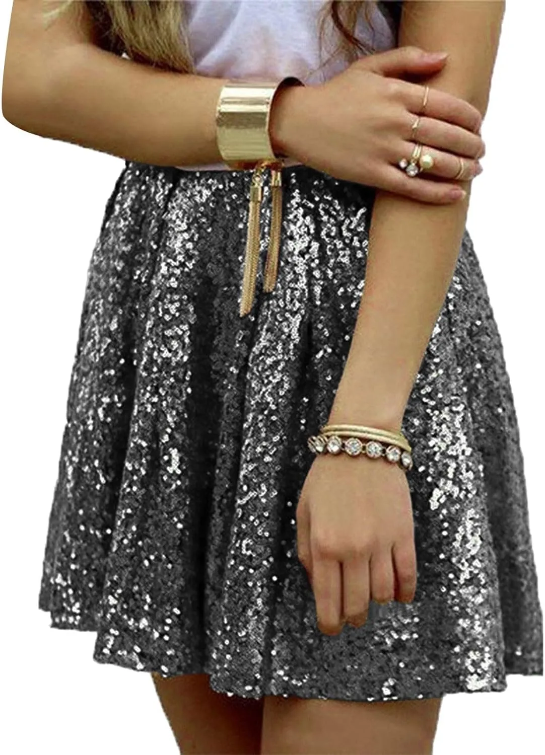 Women's Sequin Mini Skirt Sparkly High Waist Lined Layered Flared Pleated Glitter Night Out Party Short Skirts