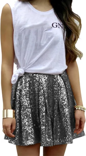 Women's Sequin Mini Skirt Sparkly High Waist Lined Layered Flared Pleated Glitter Night Out Party Short Skirts