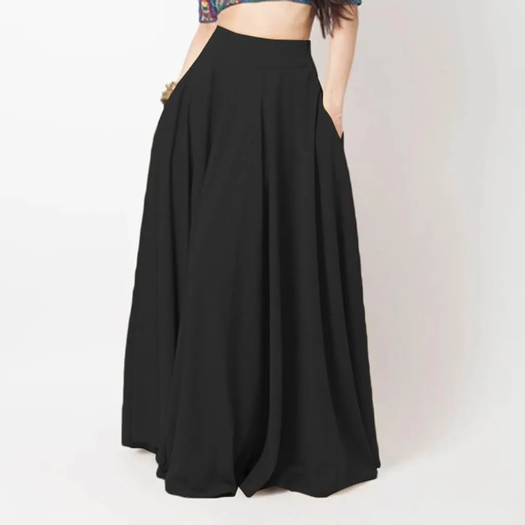 Womens Solid Elegant Ruched Casual a Line Midi Skirt Summer Boho Elastic Waist Flowy Swing Long Beach Skirts