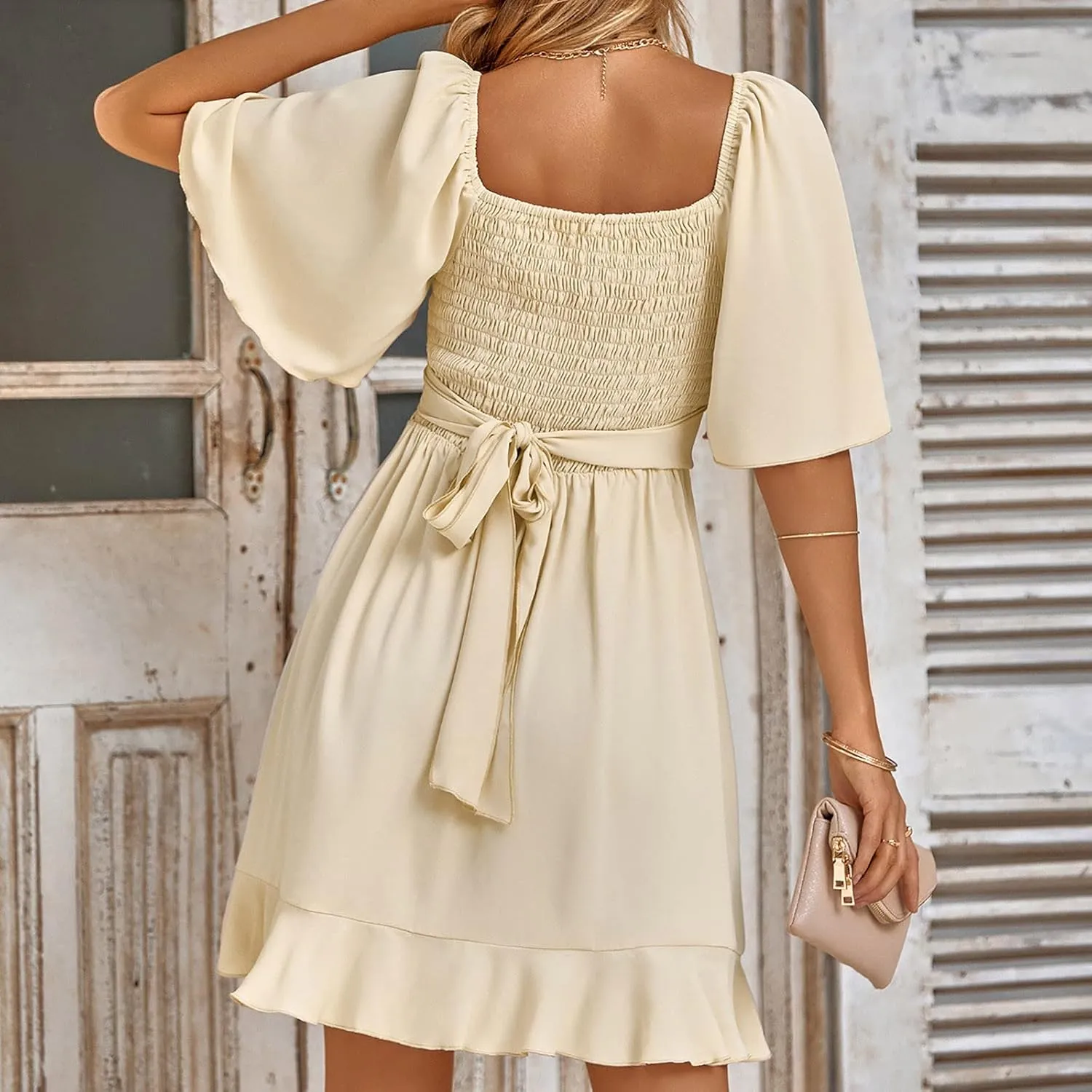 Women's Wrap V Neck Short Flared Sleeve Wedding Guest Dress Smocked Elastic Waist Tiered Belted Ruffle Hem Mini Dress 2025