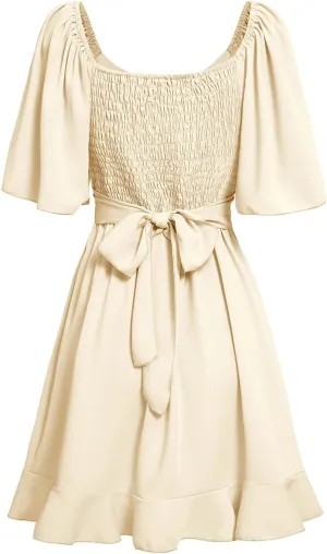 Women's Wrap V Neck Short Flared Sleeve Wedding Guest Dress Smocked Elastic Waist Tiered Belted Ruffle Hem Mini Dress 2025