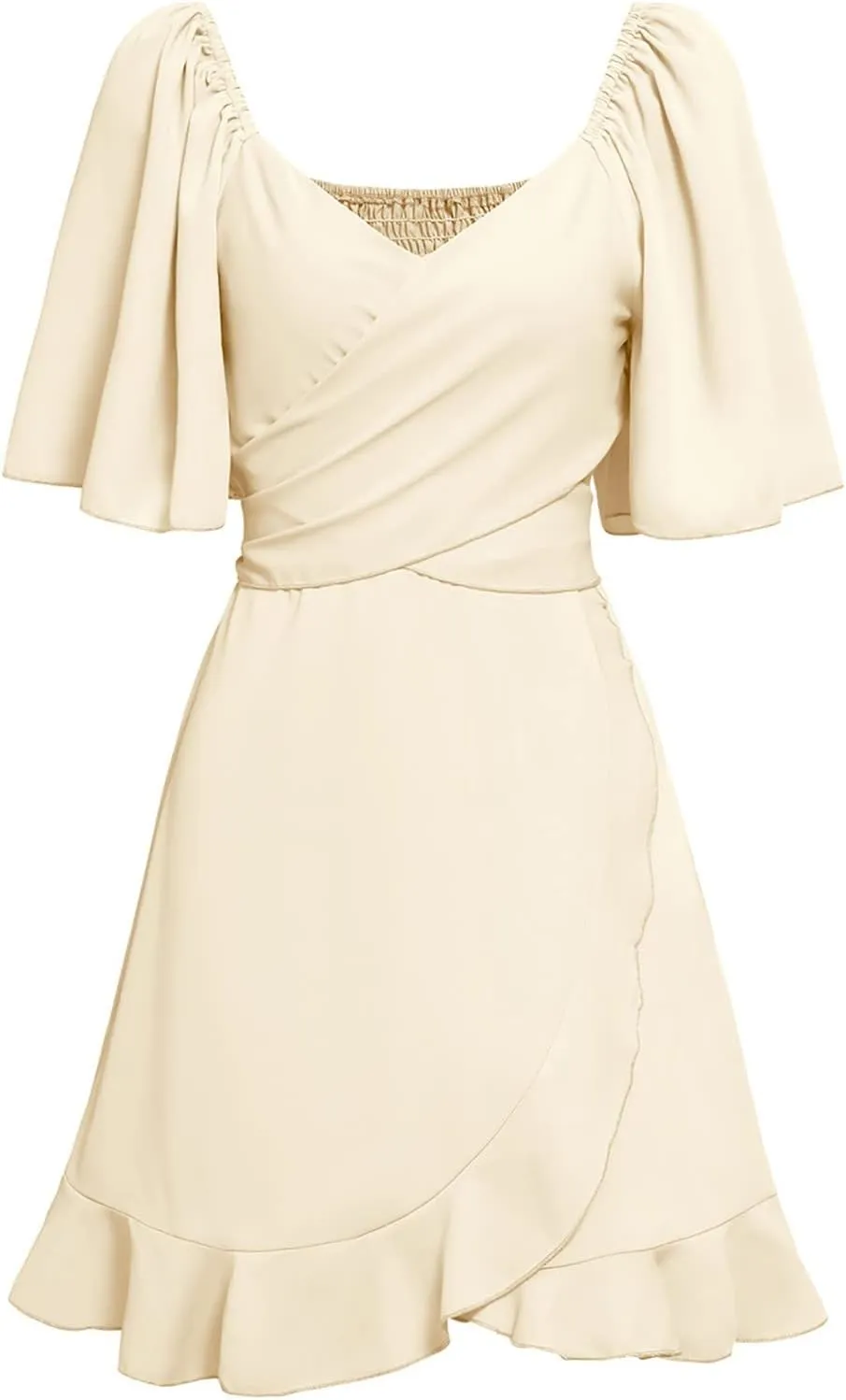 Women's Wrap V Neck Short Flared Sleeve Wedding Guest Dress Smocked Elastic Waist Tiered Belted Ruffle Hem Mini Dress 2025