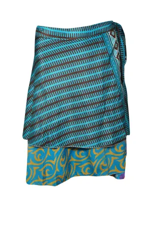 Wrap Skirt, Blue Orange Printed 2 Layer Reversible Size