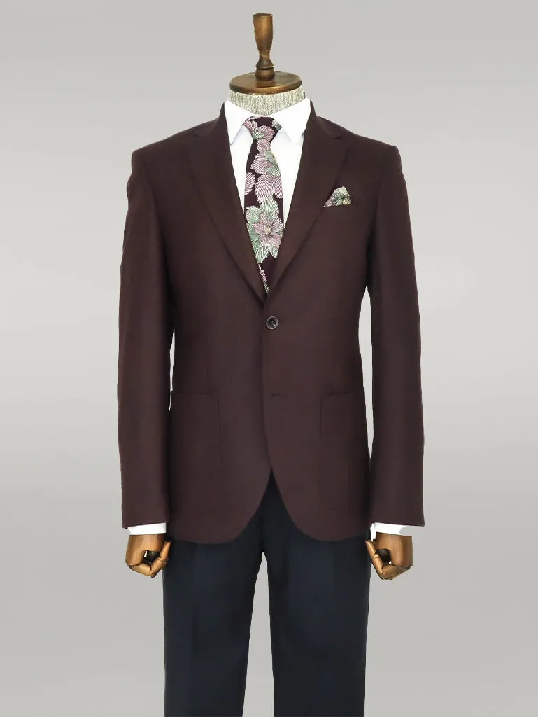 WSS Slim Fit Plain Wide Lapel Burgundy Men Wool Blazer  - Singen