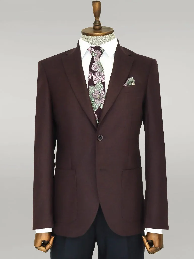 WSS Slim Fit Plain Wide Lapel Burgundy Men Wool Blazer  - Singen
