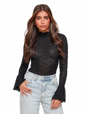 Zwarte Hartjes Mesh Uitlopende Mouwen - Top